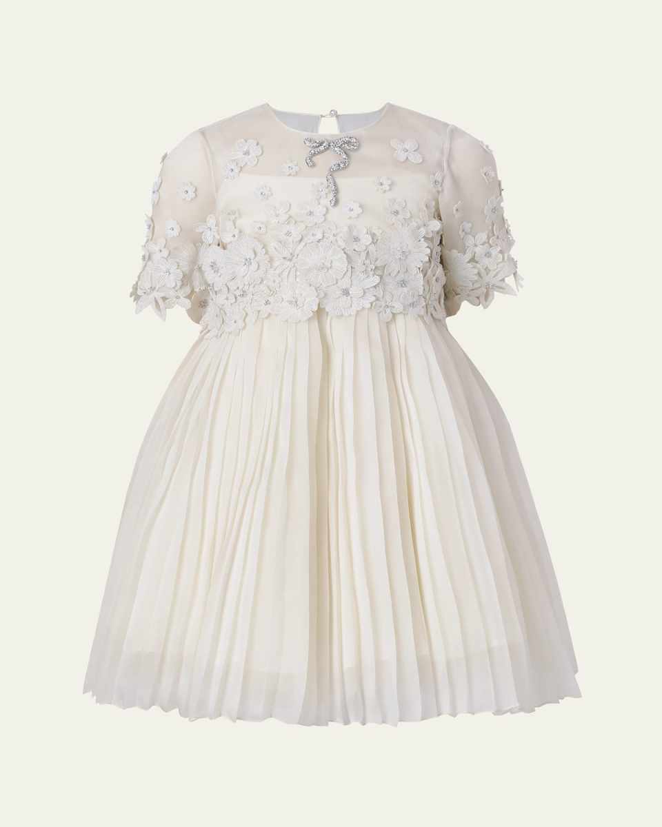 Girl's Leonie Pleated Floral Applique Mini Dress, Size 6-10